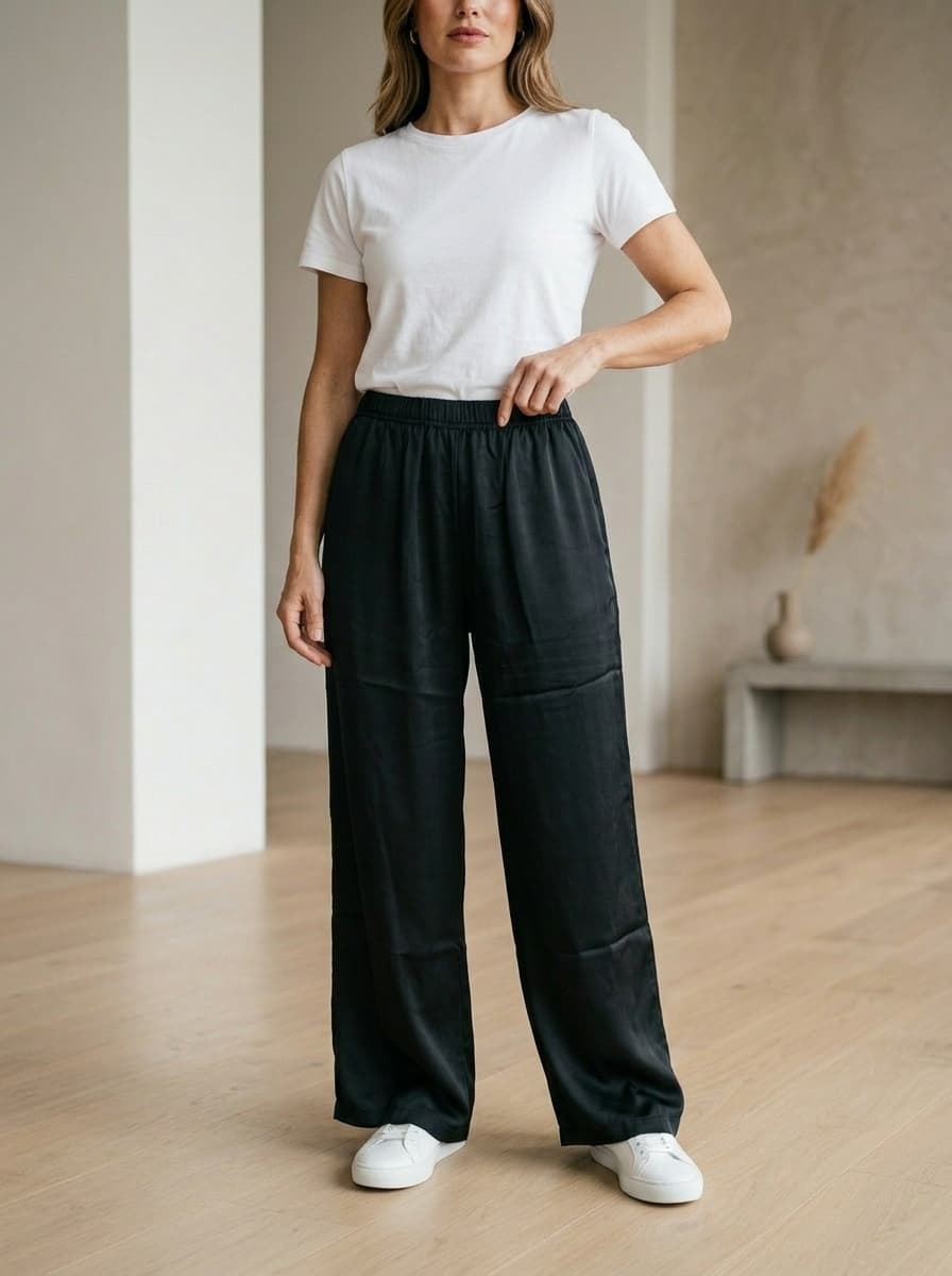 Pantaloni Palazzo in Viscosa Nero con Vita Elasticizzata — immagine 2