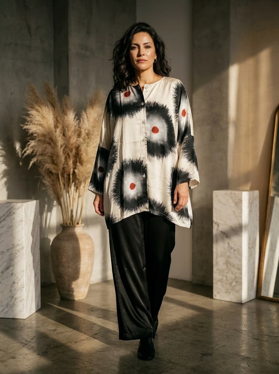 Camicia Oversize in Viscosa con Motivo Bianco e Nero — immagine 3