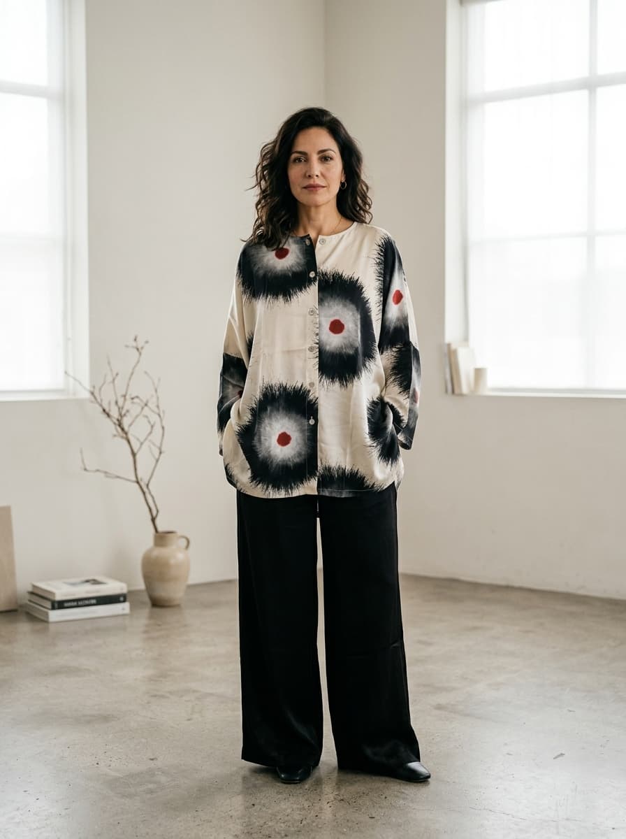 Camicia Oversize in Viscosa con Motivo Bianco e Nero — immagine 2