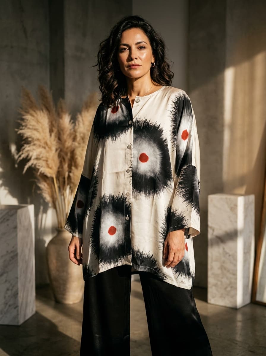 Camicia Oversize in Viscosa con Motivo Bianco e Nero — immagine 1