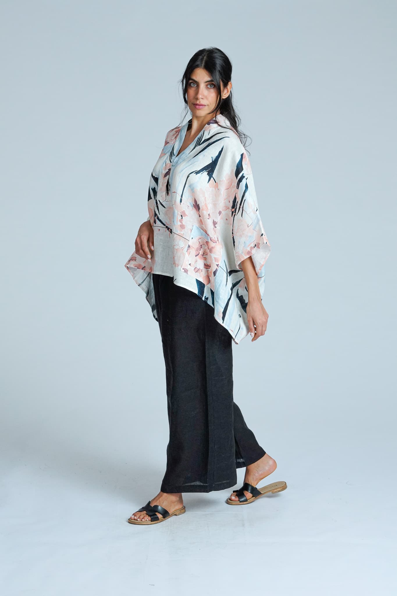 Poncho in Puro Lino con Stampa Botanica — immagine 3