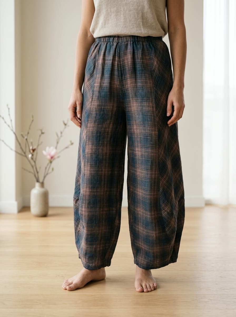 Pantaloni 100% Lino a Quadri con Vita Elastica — immagine 1