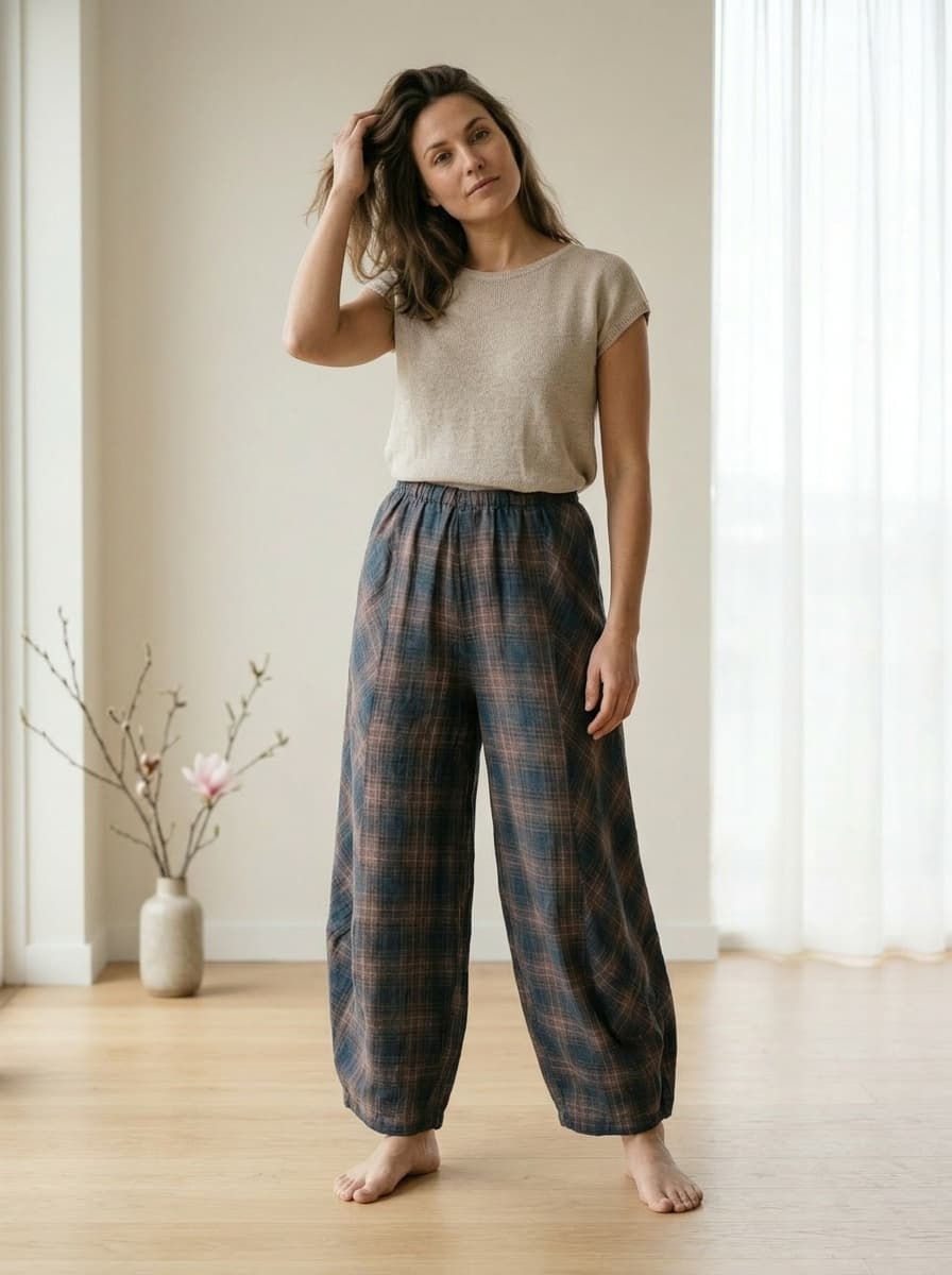 Pantaloni 100% Lino a Quadri con Vita Elastica — immagine 2